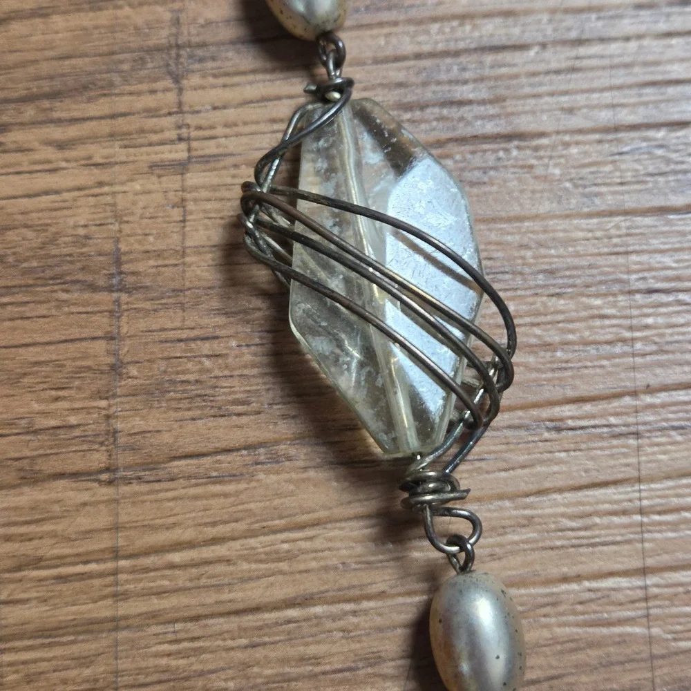 Artisan Wire Wrapped Glass Stone Necklace Bronze Silver Tone Boho Whimsigoth